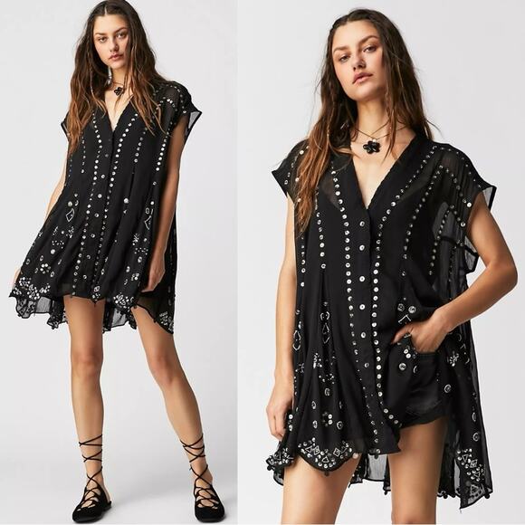 Free People Bohemian Gypsy Witchy Beaded Aston Dress Black Small Sheer Bells - Picture 1 of 14